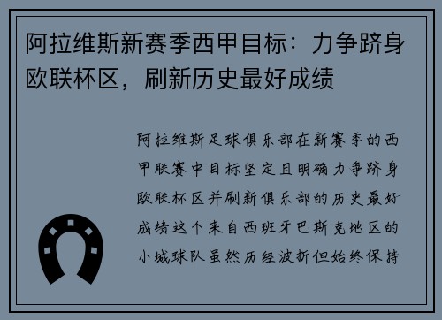 阿拉维斯新赛季西甲目标：力争跻身欧联杯区，刷新历史最好成绩